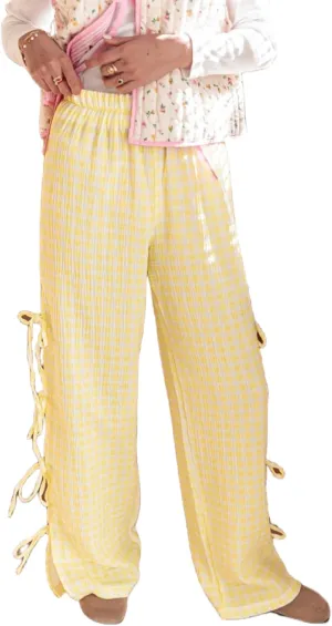 Women Y2k Plaid Print Long Pants Side Tie Bow Wide Leg Pants High Waist Gingham Trousers Lounge Pants