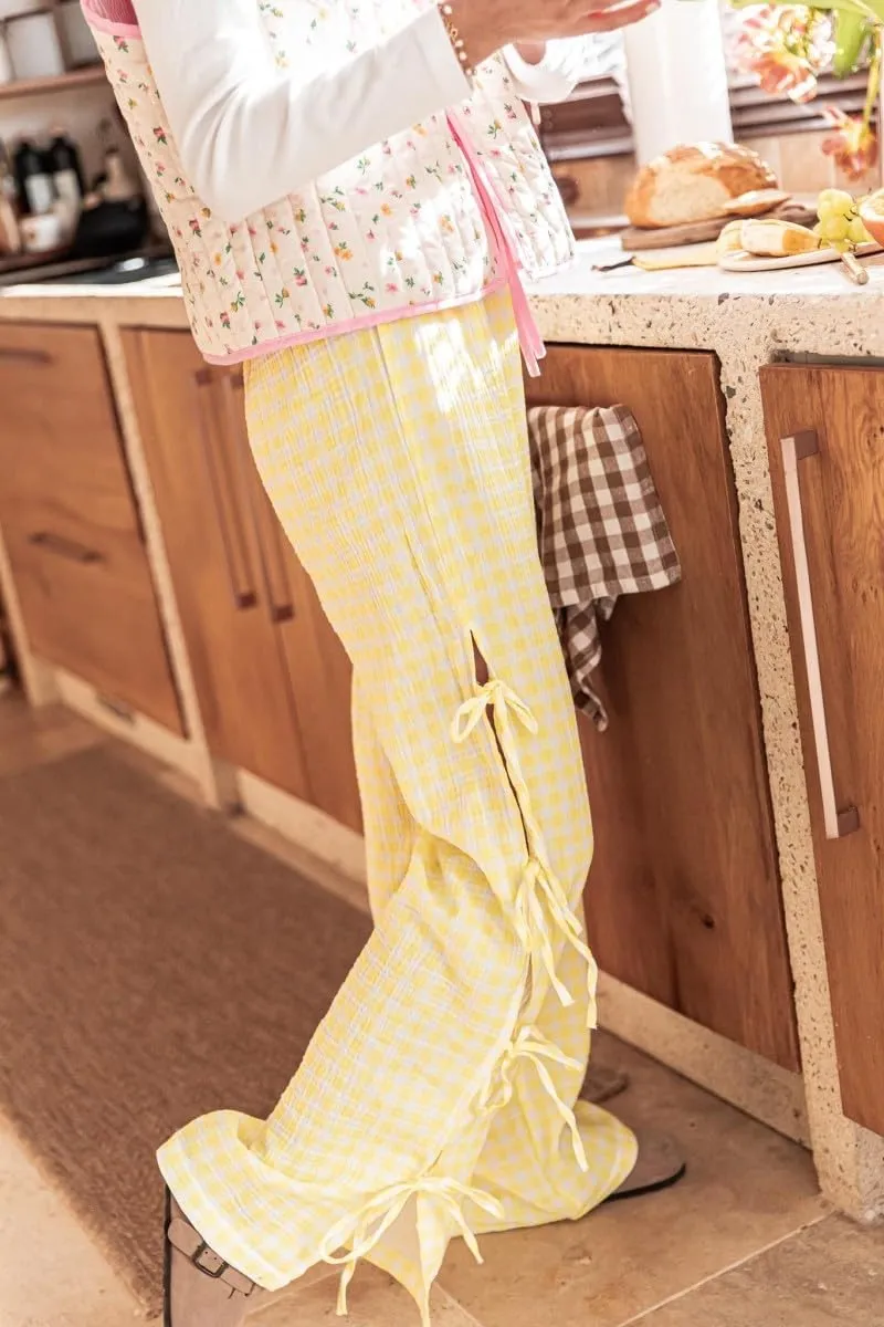 Women Y2k Plaid Print Long Pants Side Tie Bow Wide Leg Pants High Waist Gingham Trousers Lounge Pants