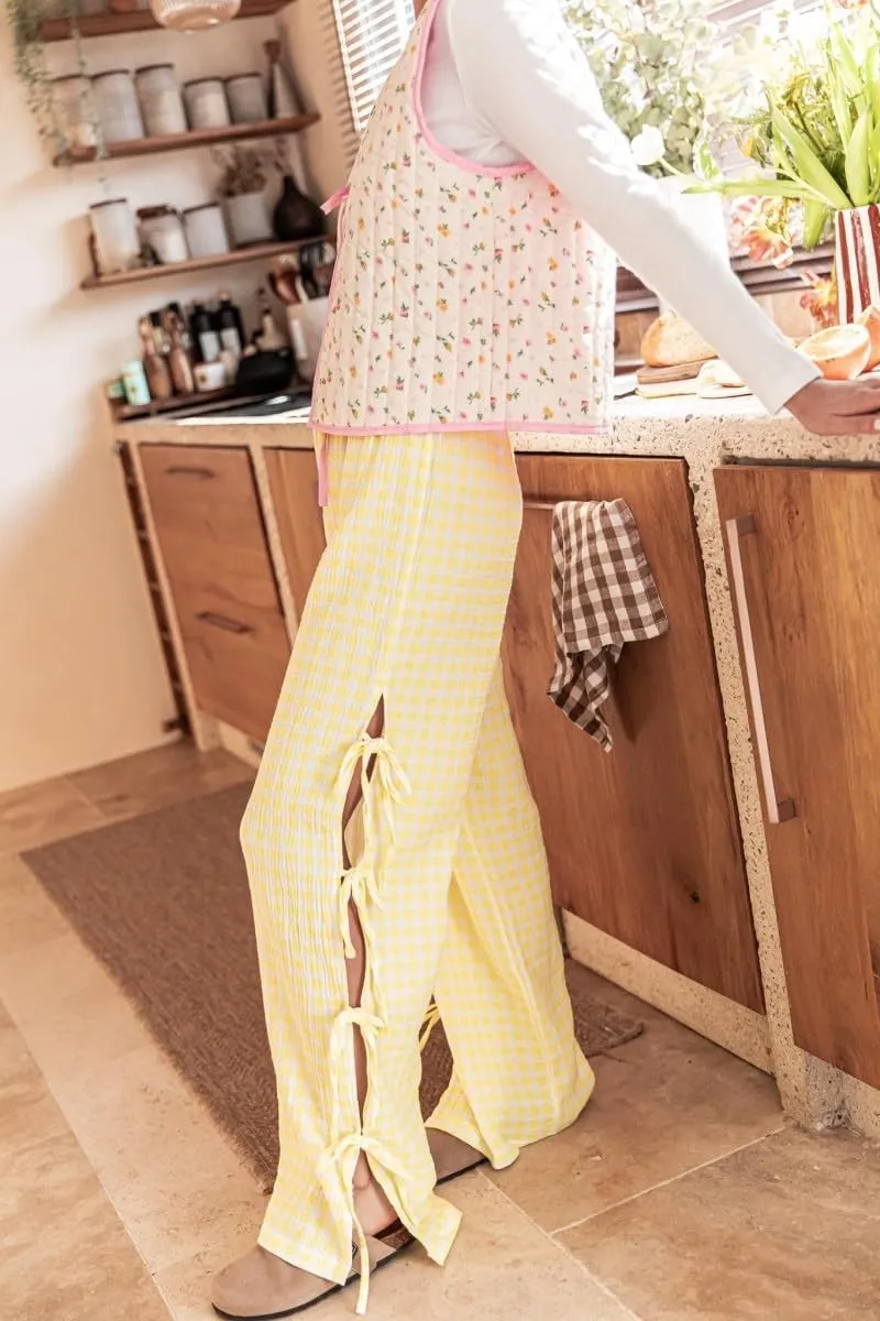 Women Y2k Plaid Print Long Pants Side Tie Bow Wide Leg Pants High Waist Gingham Trousers Lounge Pants