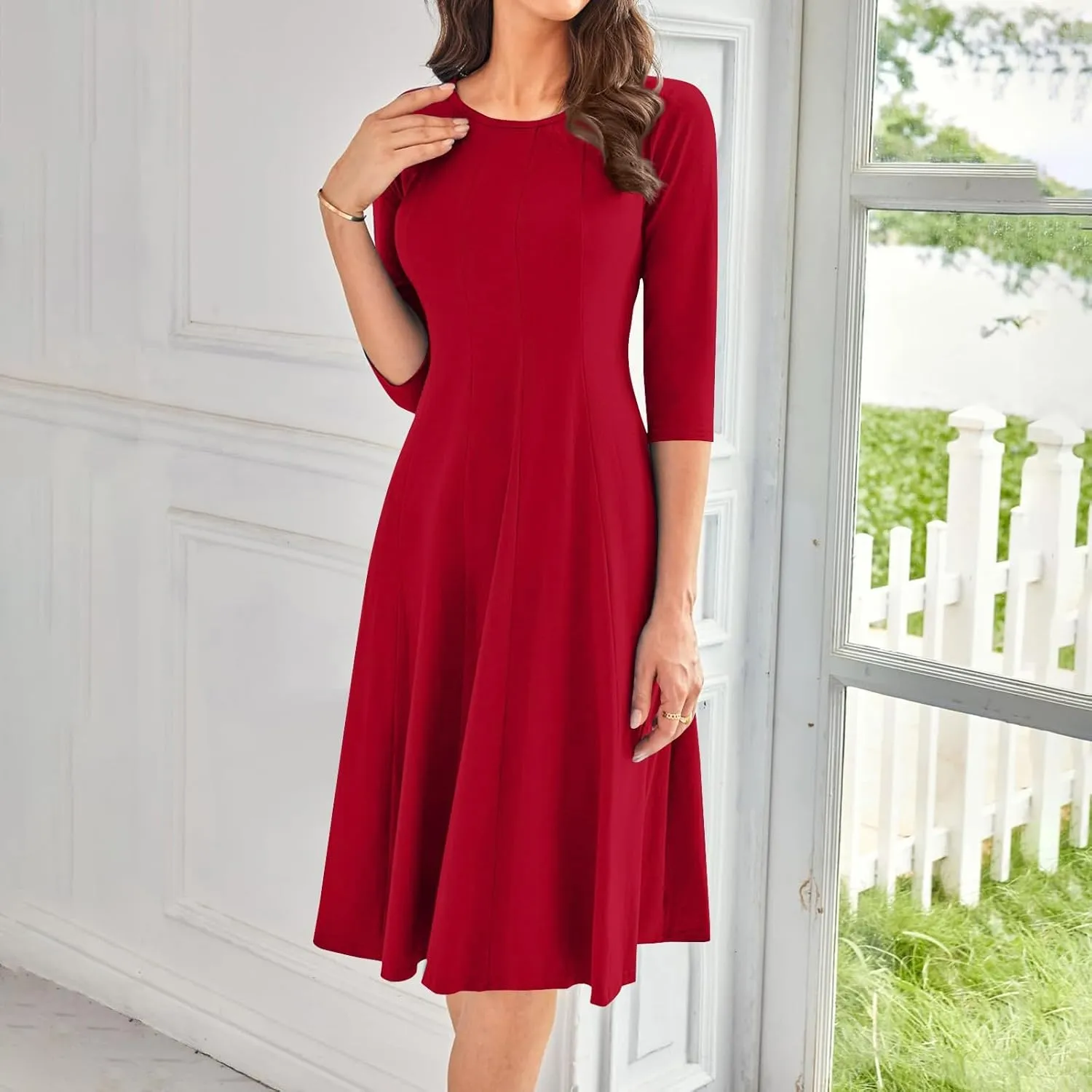 Womens 2024 Fall Trendy Casual Solid Crew Neck 3/4 Sleeve A Line Flowy Casual Midi Dress with Pockets