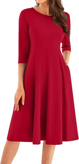Womens 2024 Fall Trendy Casual Solid Crew Neck 3/4 Sleeve A Line Flowy Casual Midi Dress with Pockets