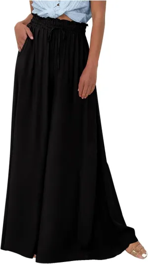 Women's Boho Wide Leg Pants Summer Flowy Casual Beach Floral Printed Palazzo Pants for Women Relaxed Fit Linen Trousers, Medium, #A6-black