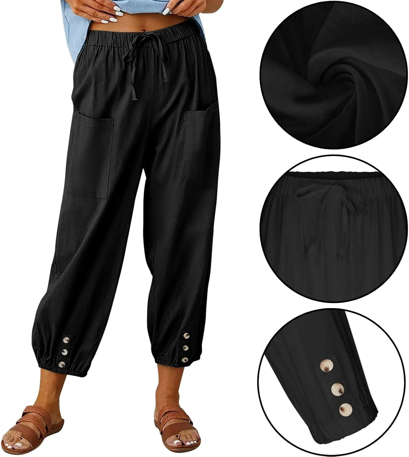 Womens Capri Pants Casual Drawstring Harem Pants with Pockets Baggy Wide Leg Cropped Beach Pants Slacks Summer