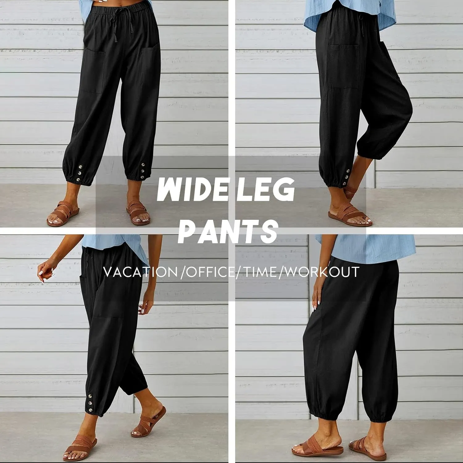 Womens Capri Pants Casual Drawstring Harem Pants with Pockets Baggy Wide Leg Cropped Beach Pants Slacks Summer