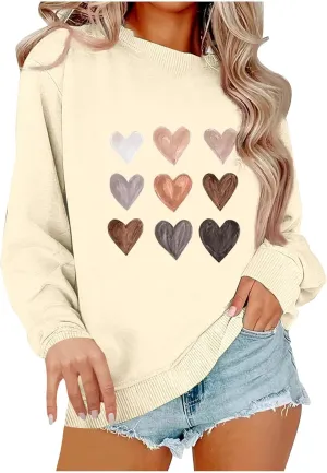 Womens Casual Oversized Sweatshirts Cute Heart Graphic Shirts Crewneck Long Sleeve Comfy Casual Basic Pullover Tops