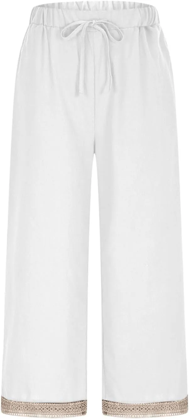 Womens Casual Pants Drawstring Elastic Waist Summer Cotton Linen Pant Loose Wide Leg Lightweight Lounge Trousers