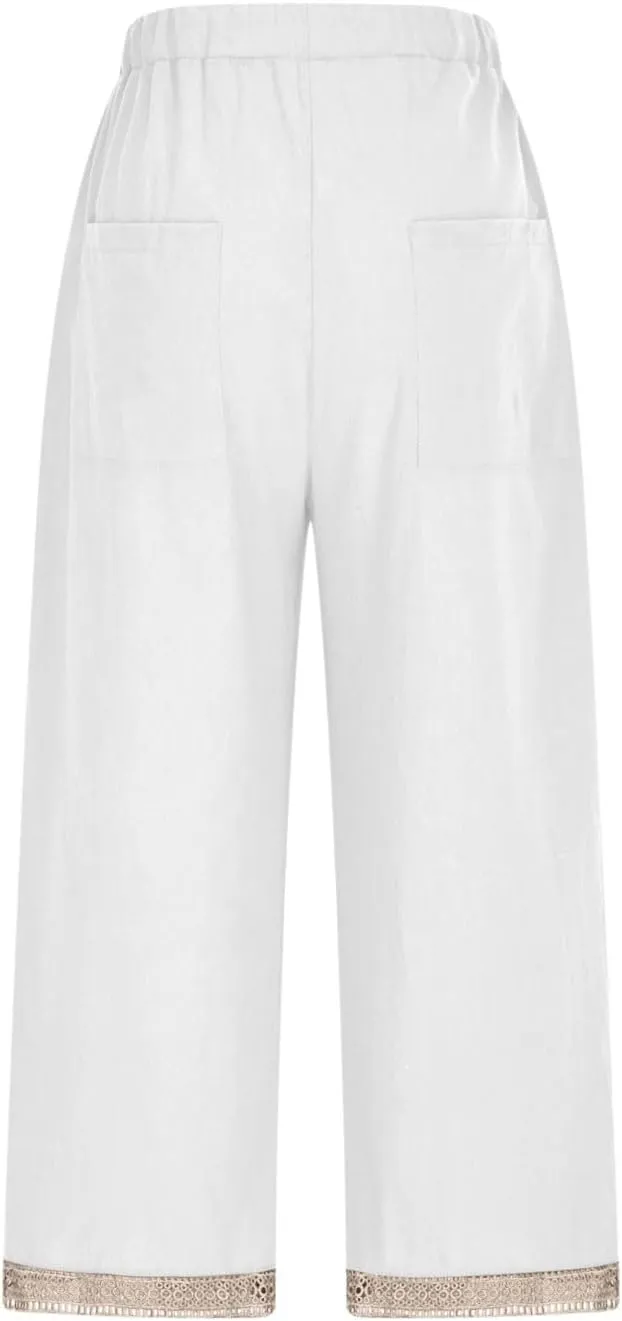Womens Casual Pants Drawstring Elastic Waist Summer Cotton Linen Pant Loose Wide Leg Lightweight Lounge Trousers