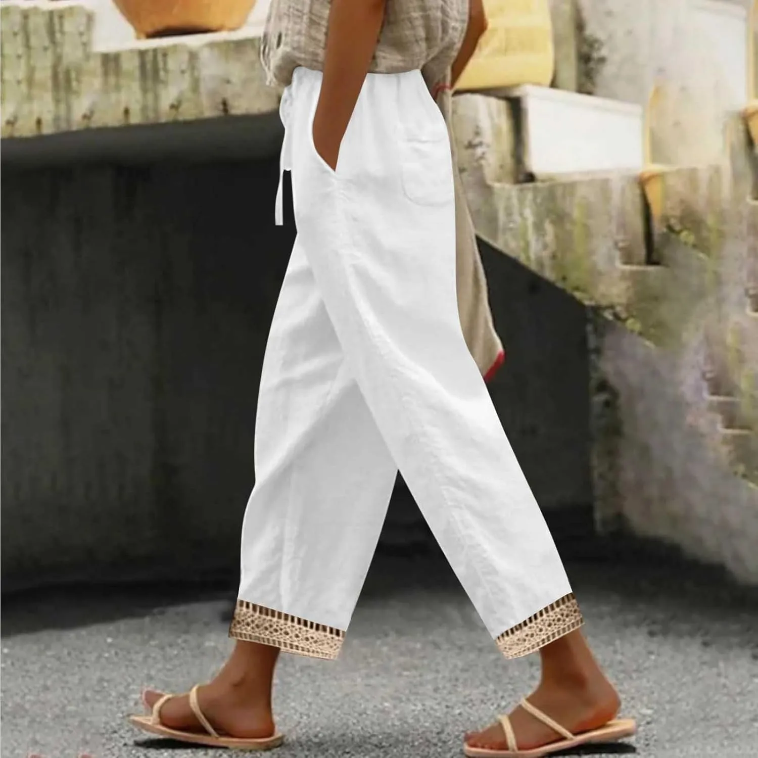 Womens Casual Pants Drawstring Elastic Waist Summer Cotton Linen Pant Loose Wide Leg Lightweight Lounge Trousers