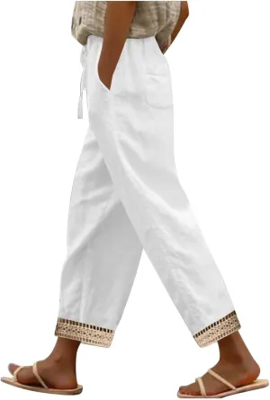 Womens Casual Pants Drawstring Elastic Waist Summer Cotton Linen Pant Loose Wide Leg Lightweight Lounge Trousers