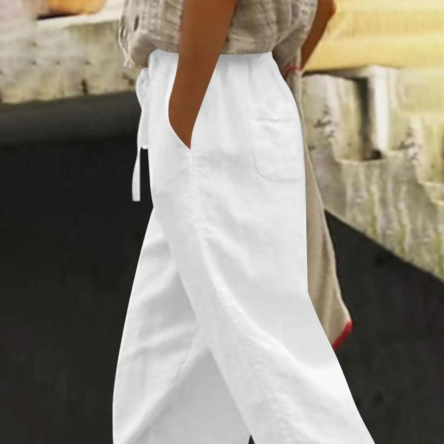 Womens Casual Pants Drawstring Elastic Waist Summer Cotton Linen Pant Loose Wide Leg Lightweight Lounge Trousers