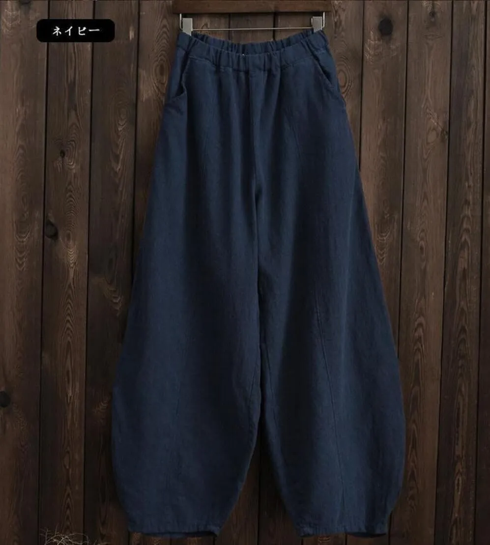 Women's Cotton Linen Jogger Pants Wide Leg Elastic High Waist Lantern Trousers Loose Fit Casual Summer Baggy Pants