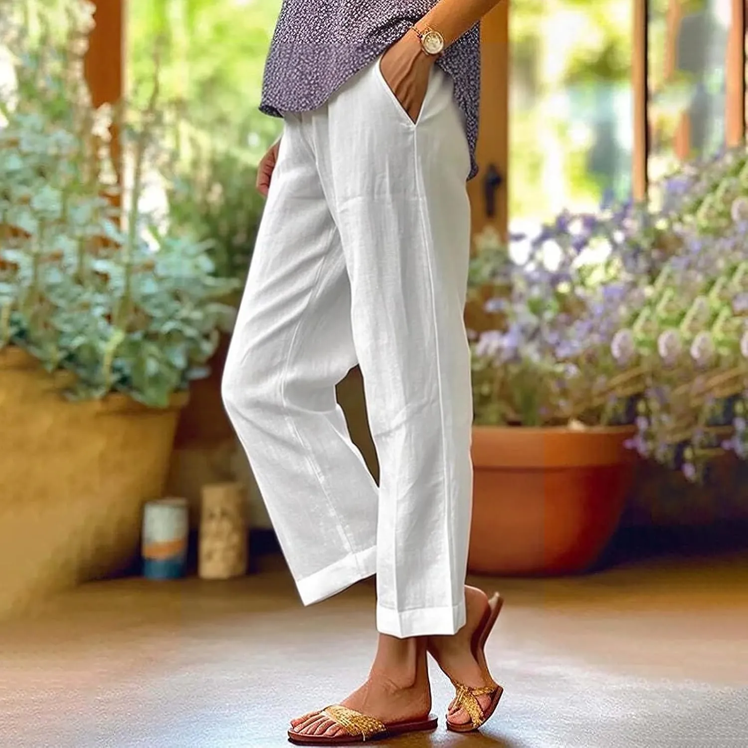 Womens Cotton Linen Pants Straight Leg Solid Color Elastic Waist Lightweight Beach Pants Summer Thin Workout Relaxed Trousers