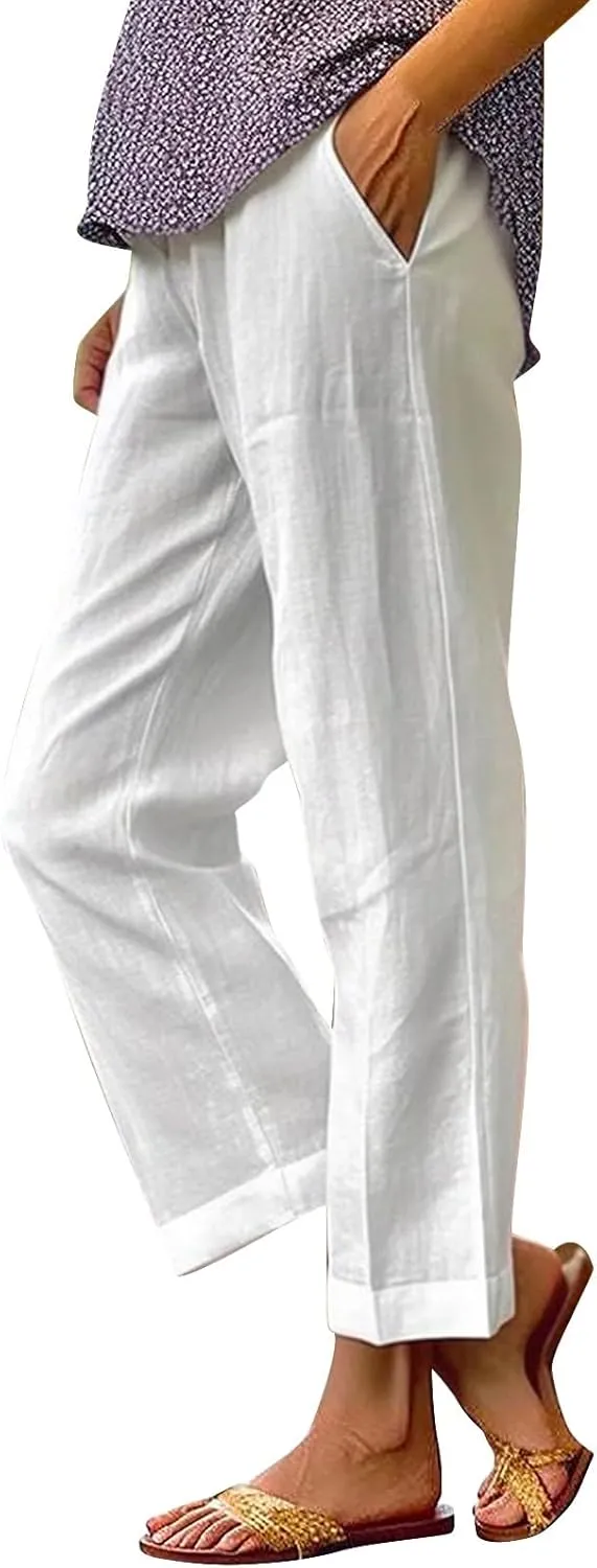 Womens Cotton Linen Pants Straight Leg Solid Color Elastic Waist Lightweight Beach Pants Summer Thin Workout Relaxed Trousers