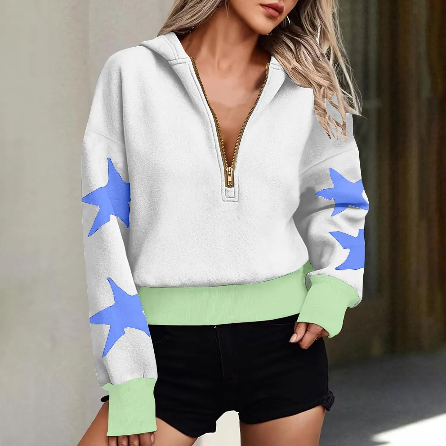 Womens Cropped Oversized Hoodies Long Sleeve Half Zip Pullover Sweatshirts 2024 Fashion Outfits Cute Y2K Clothes