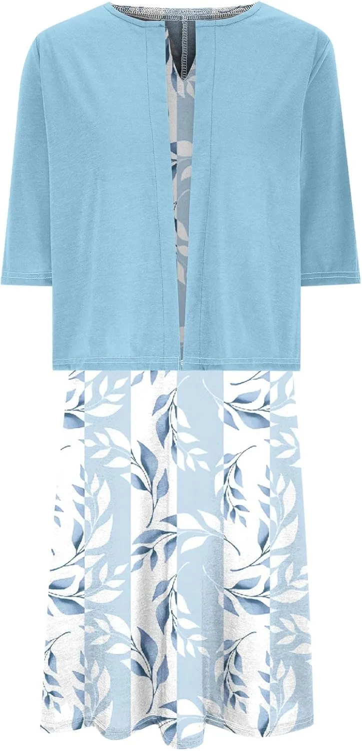 Womens Floral Maxi Dresses 2 Piece Set Sleeveless A Line Summer Beach Wedding Guest Dress with Cardigan 2025 Trendy