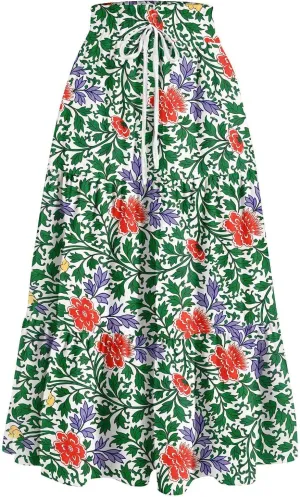 Women's High Elastic Waist Bohemian Midi Skirt - Pleated Ruffle A-Line Floral Skirt for Casual Wear