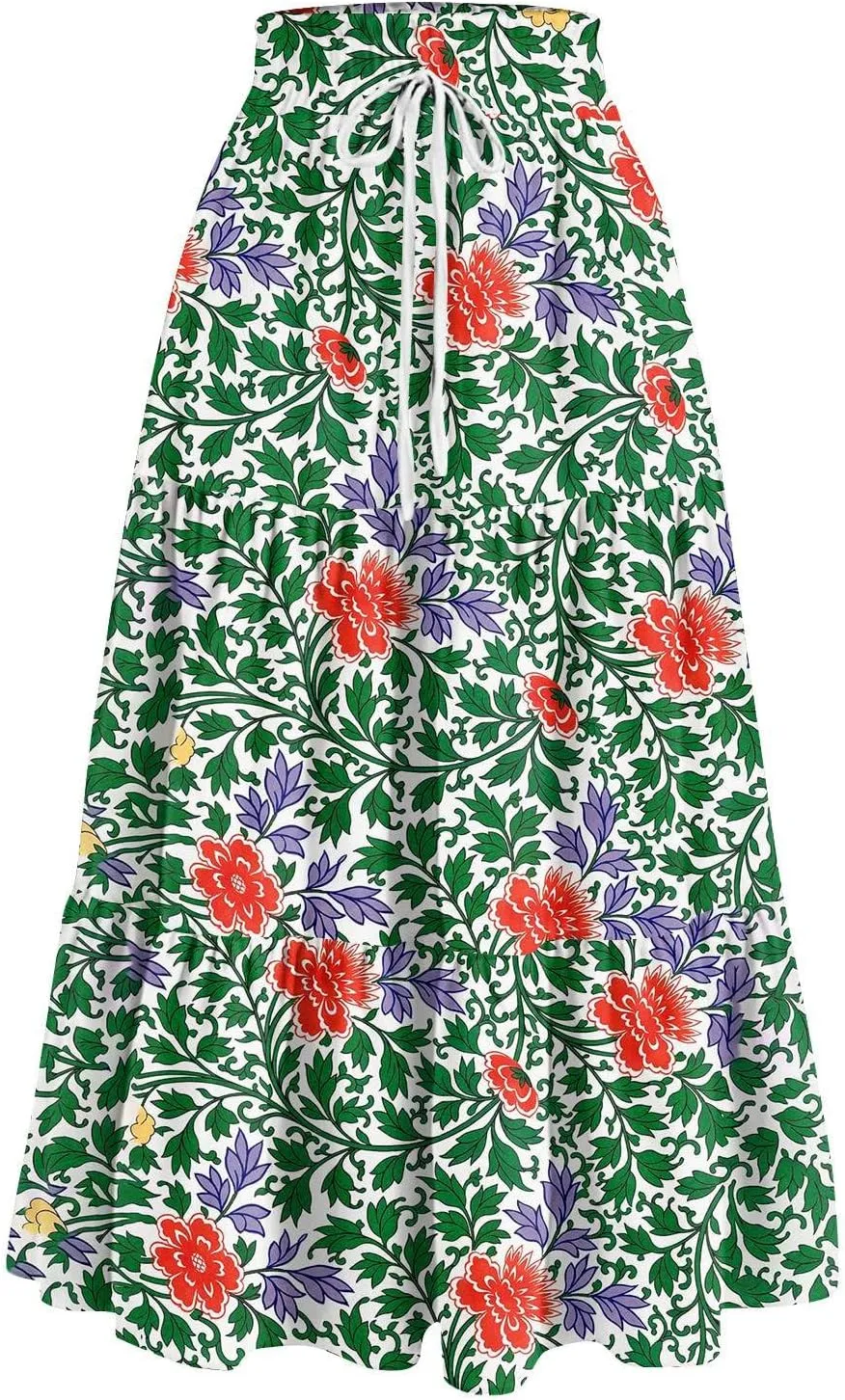 Women's High Elastic Waist Bohemian Midi Skirt - Pleated Ruffle A-Line Floral Skirt for Casual Wear
