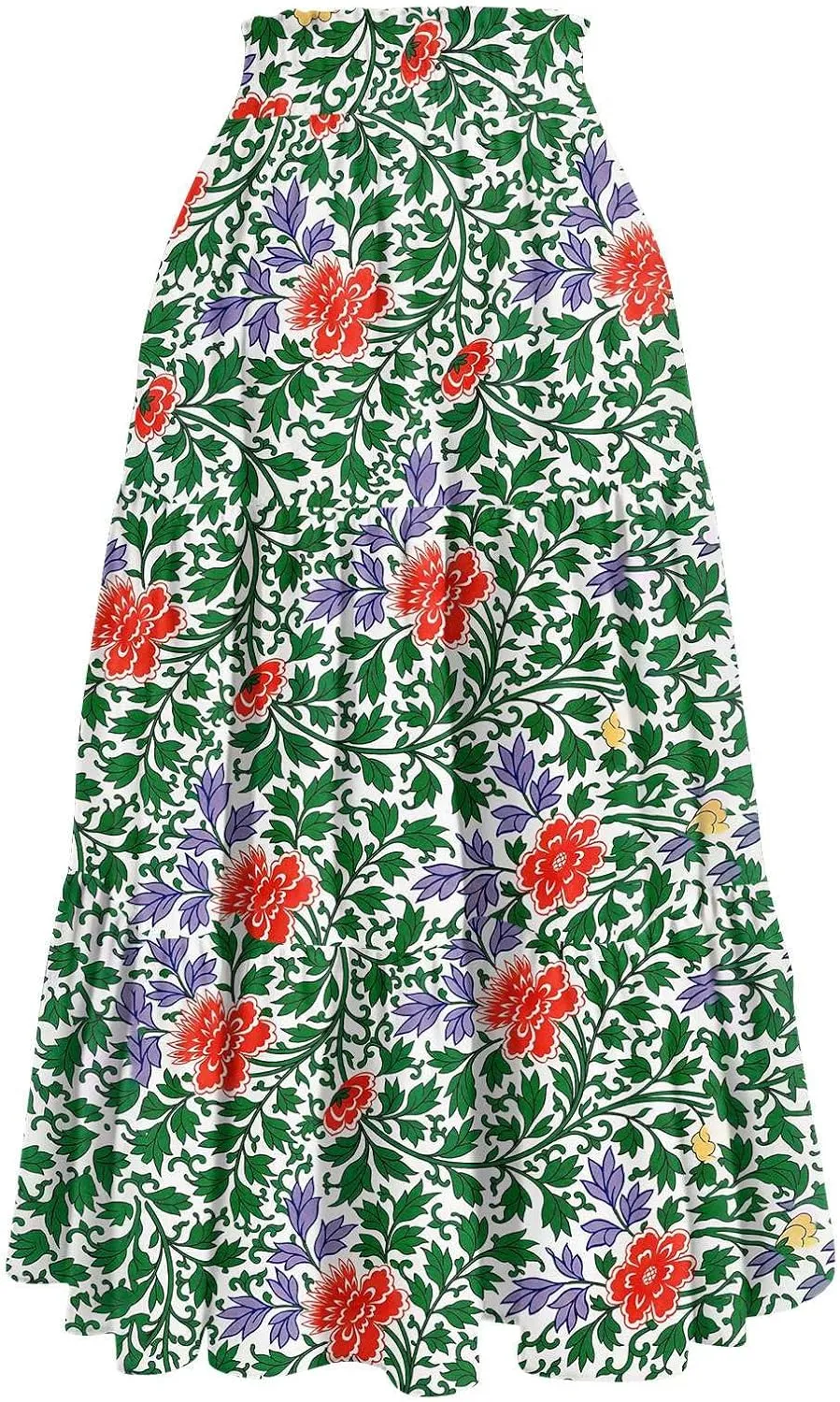 Women's High Elastic Waist Bohemian Midi Skirt - Pleated Ruffle A-Line Floral Skirt for Casual Wear