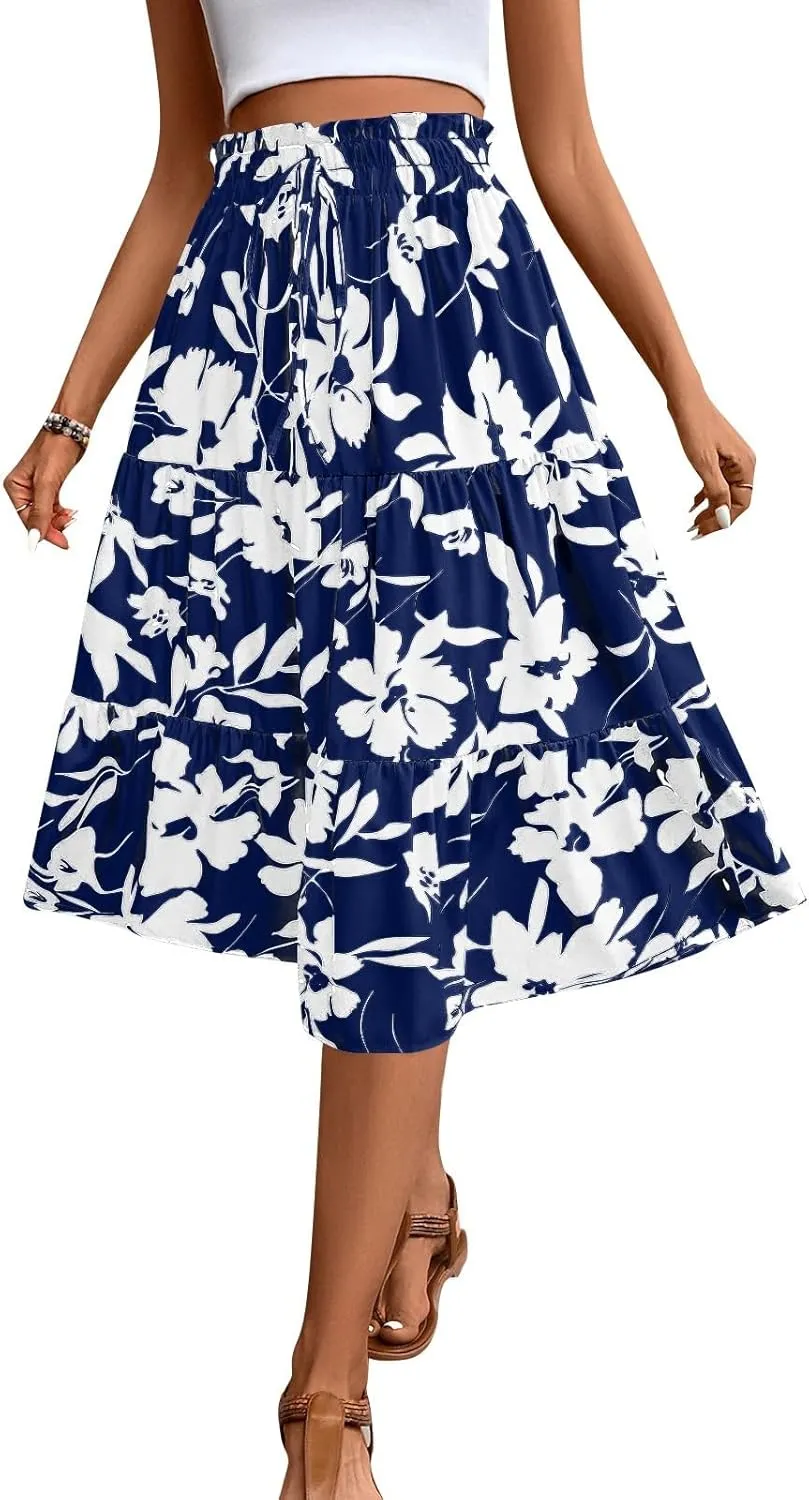 Women's High Elastic Waist Bohemian Midi Skirt - Pleated Ruffle A-Line Skirt for Casual Wear