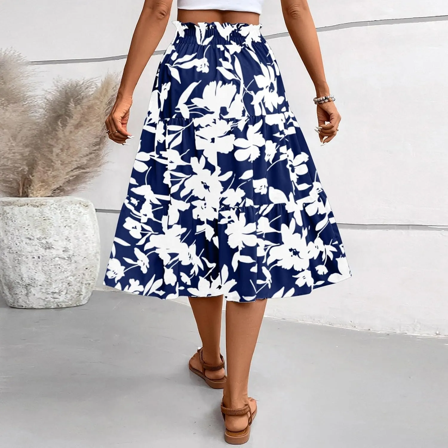 Women's High Elastic Waist Bohemian Midi Skirt - Pleated Ruffle A-Line Skirt for Casual Wear