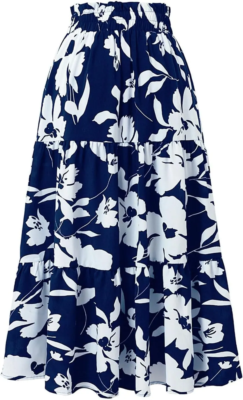 Women's High Elastic Waist Bohemian Midi Skirt - Pleated Ruffle A-Line Skirt for Casual Wear