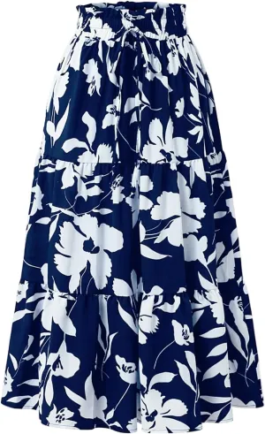 Women's High Elastic Waist Bohemian Midi Skirt - Pleated Ruffle A-Line Skirt for Casual Wear