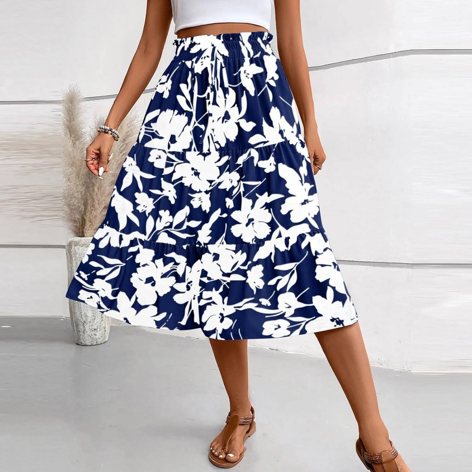 Women's High Elastic Waist Bohemian Midi Skirt - Pleated Ruffle A-Line Skirt for Casual Wear