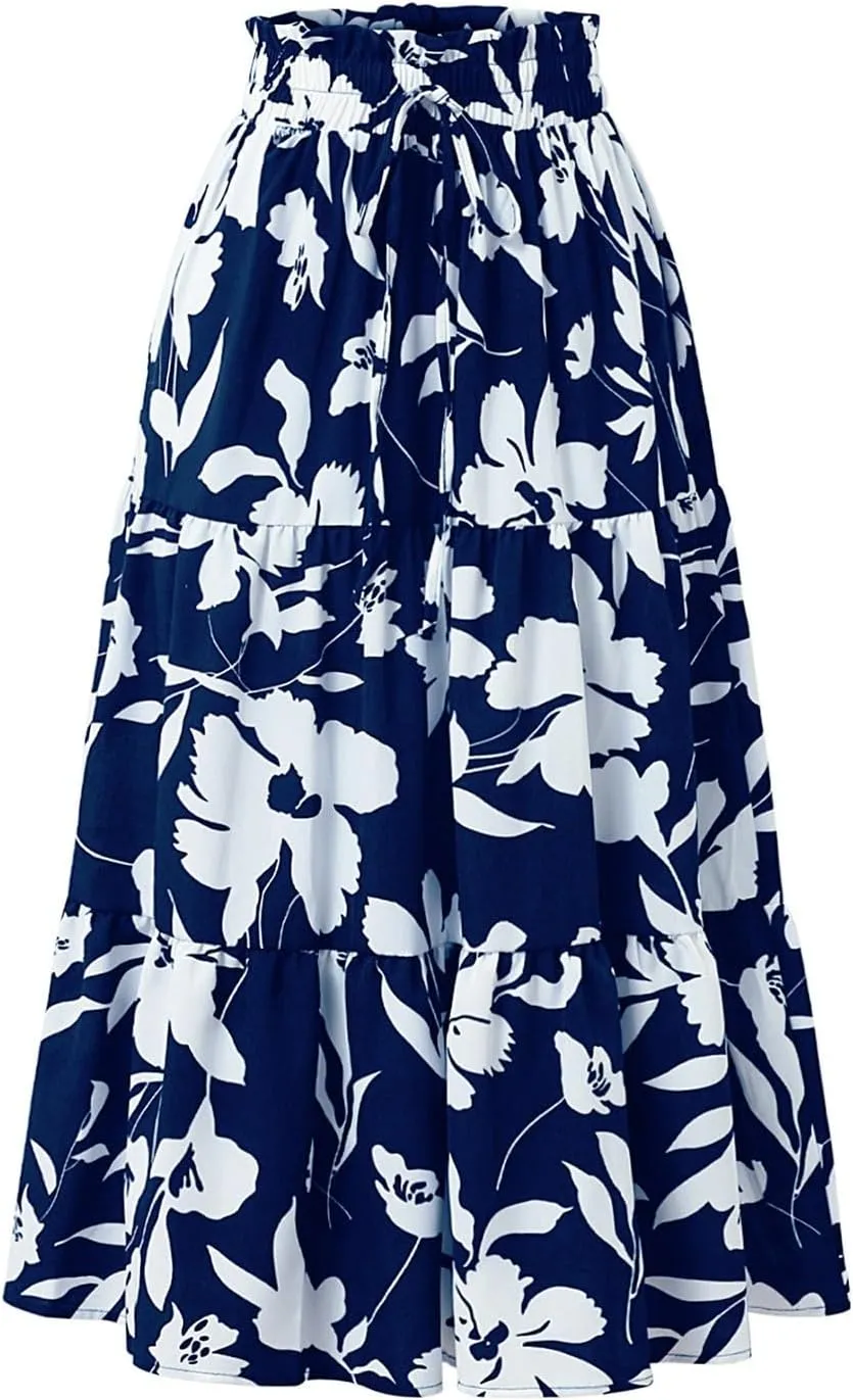 Women's High Elastic Waist Bohemian Midi Skirt - Pleated Ruffle A-Line Skirt for Casual Wear