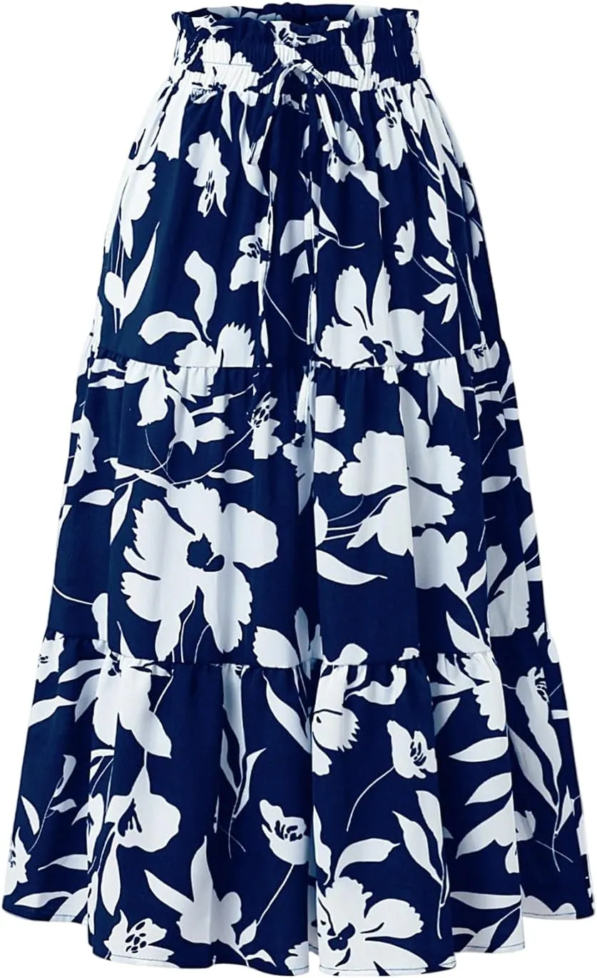 Women's High Elastic Waist Bohemian Midi Skirt - Pleated Ruffle A-Line Skirt for Casual Wear