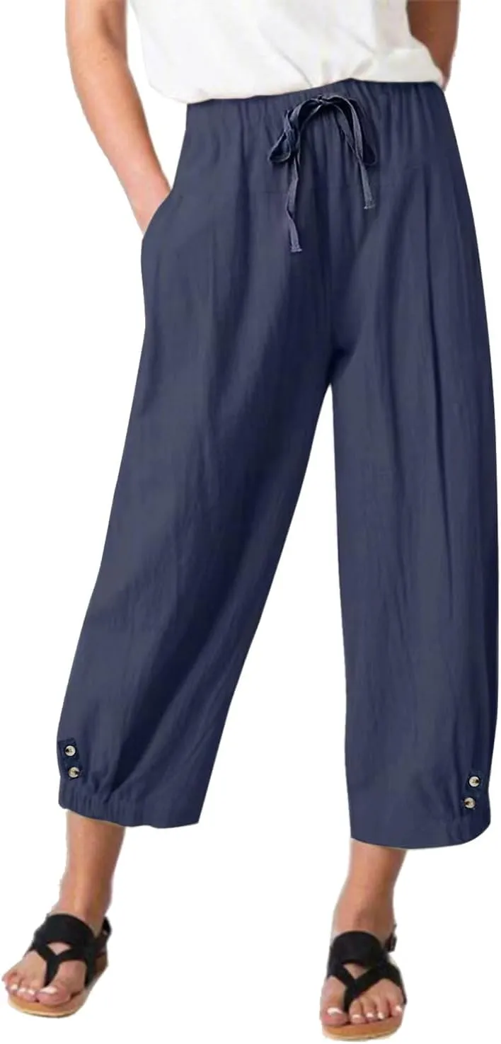 Womens High Waist Casual Wide Leg Loose Linen Trouser Capri Wide Leg Cropped Pants with Drawstring