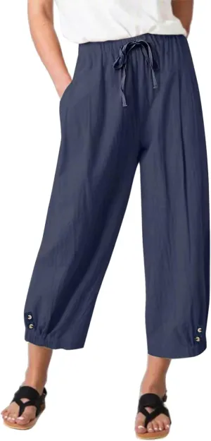Womens High Waist Casual Wide Leg Loose Linen Trouser Capri Wide Leg Cropped Pants with Drawstring