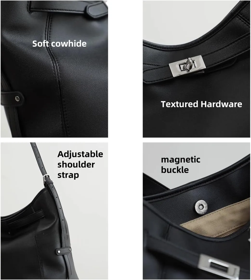 Women's Leather Large Capacity Hobo Shoulder Underarm Crossbody Bag Handbag Buckle Pillow Bucket Bag Totes Versatile