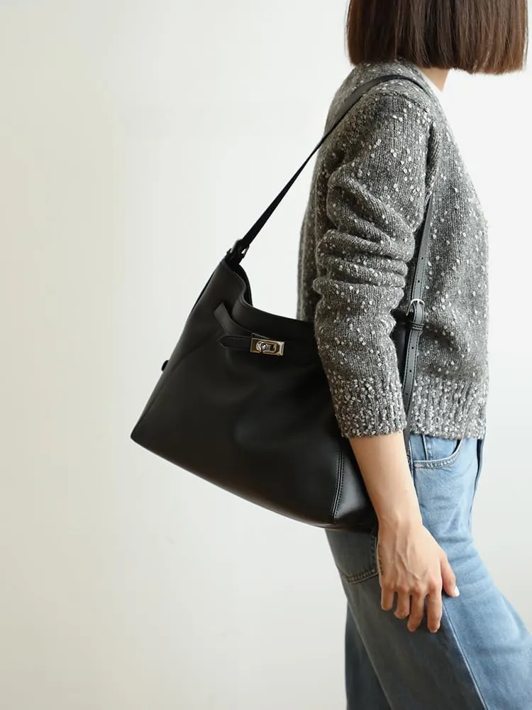 Women's Leather Large Capacity Hobo Shoulder Underarm Crossbody Bag Handbag Buckle Pillow Bucket Bag Totes Versatile