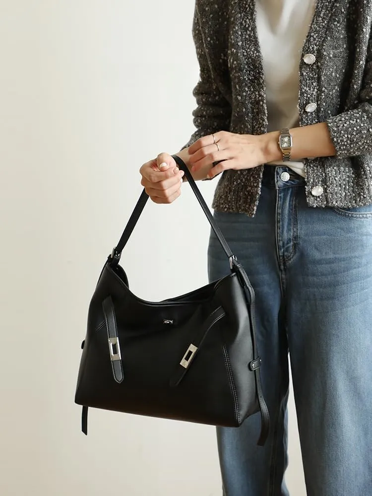 Women's Leather Large Capacity Hobo Shoulder Underarm Crossbody Bag Handbag Buckle Pillow Bucket Bag Totes Versatile