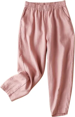 Womens Linen Pants High Waisted Capris Casual Loose Trousers with Pockets Comfy 2024 Summer Beach Boho Lounge Trousers