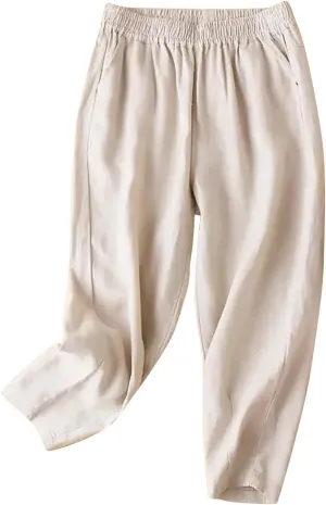 Womens Linen Pants High Waisted Capris Casual Loose Trousers with Pockets Comfy 2024 Summer Beach Boho Lounge Trousers