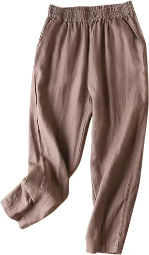 Womens Linen Pants High Waisted Capris Casual Loose Trousers with Pockets Comfy 2024 Summer Beach Boho Lounge Trousers