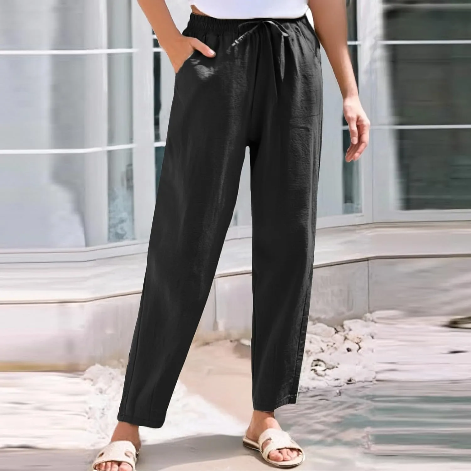 Womens Linen Pants with Pockets Summer 2025 Cropped Cotton Linen Pants Drawstring Petite Casual Beach Summer Pants