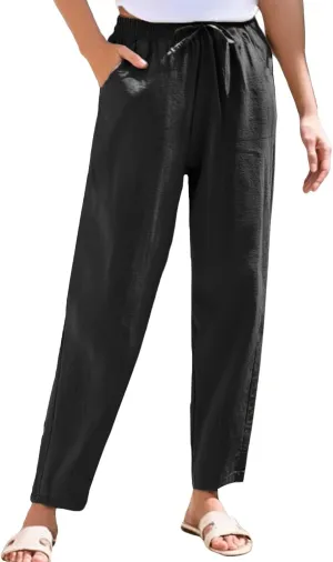 Womens Linen Pants with Pockets Summer 2025 Cropped Cotton Linen Pants Drawstring Petite Casual Beach Summer Pants