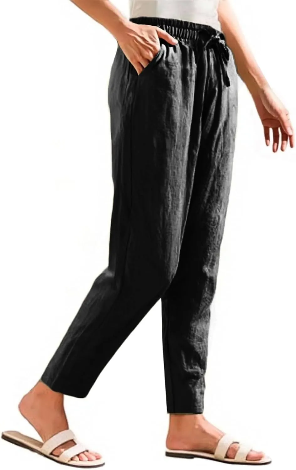 Womens Linen Pants with Pockets Summer 2025 Cropped Cotton Linen Pants Drawstring Petite Casual Beach Summer Pants