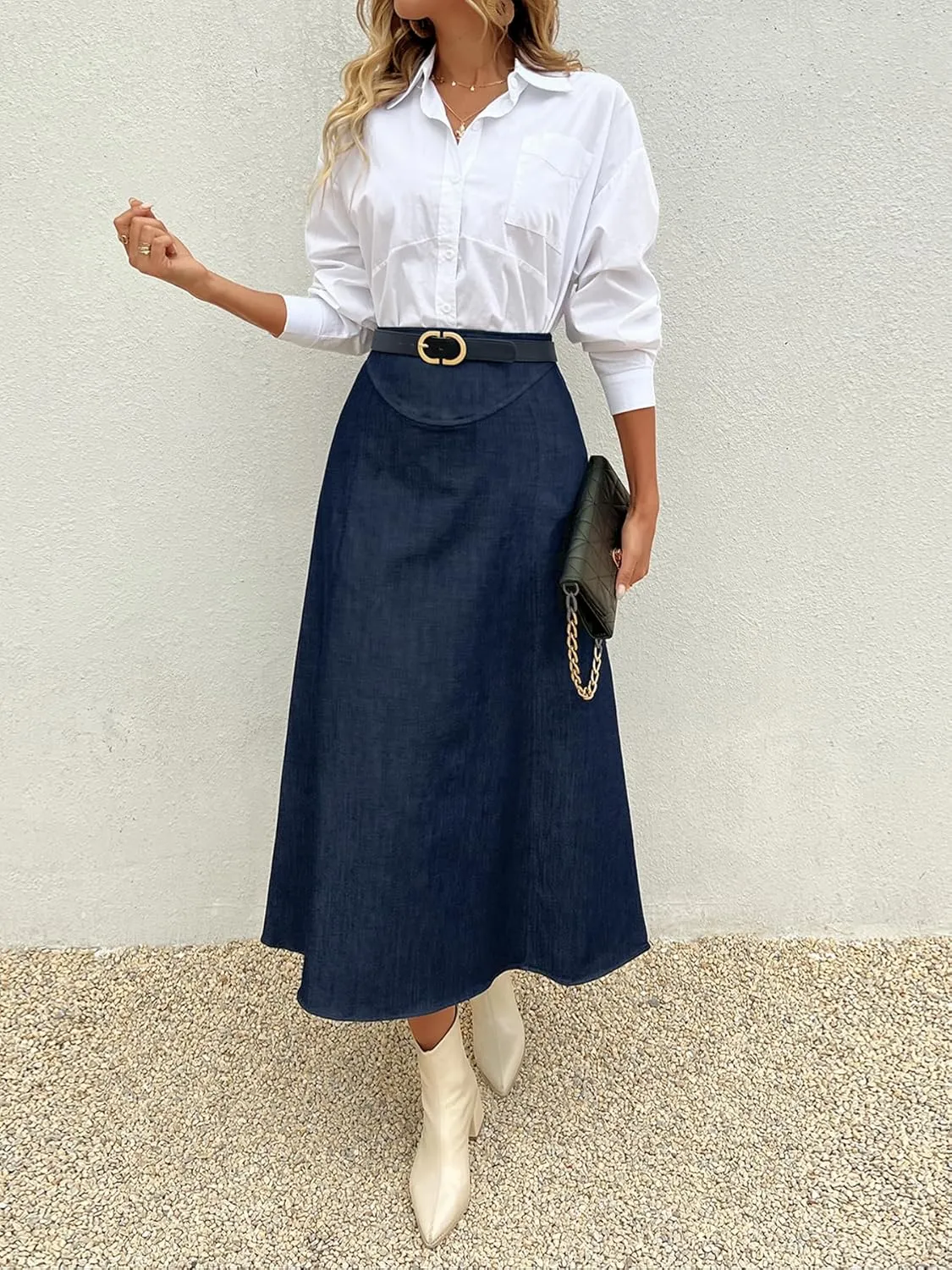 Womens Long Jean Denim Maxi Skirt Casual Vintage Trendy High Waisted A line Flowy Swing