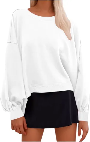 Womens Long Sleeve Crop Hoodie Crew Neck Drop Shoulder Sweatshirts Solid Loose Casual Pullover Trendy Going Out Tops