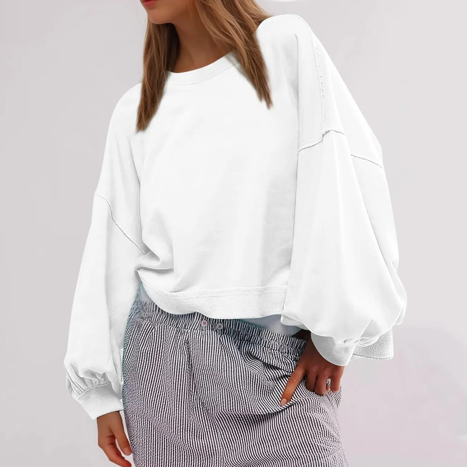 Womens Long Sleeve Crop Hoodie Crew Neck Drop Shoulder Sweatshirts Solid Loose Casual Pullover Trendy Going Out Tops