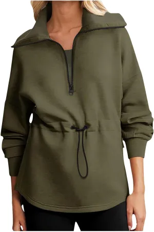 Womens Long Sleeve Tops Half Zip Drawstring Waist Oversized Sweatshirts Fleece Pullover Fashion Outfits 2024