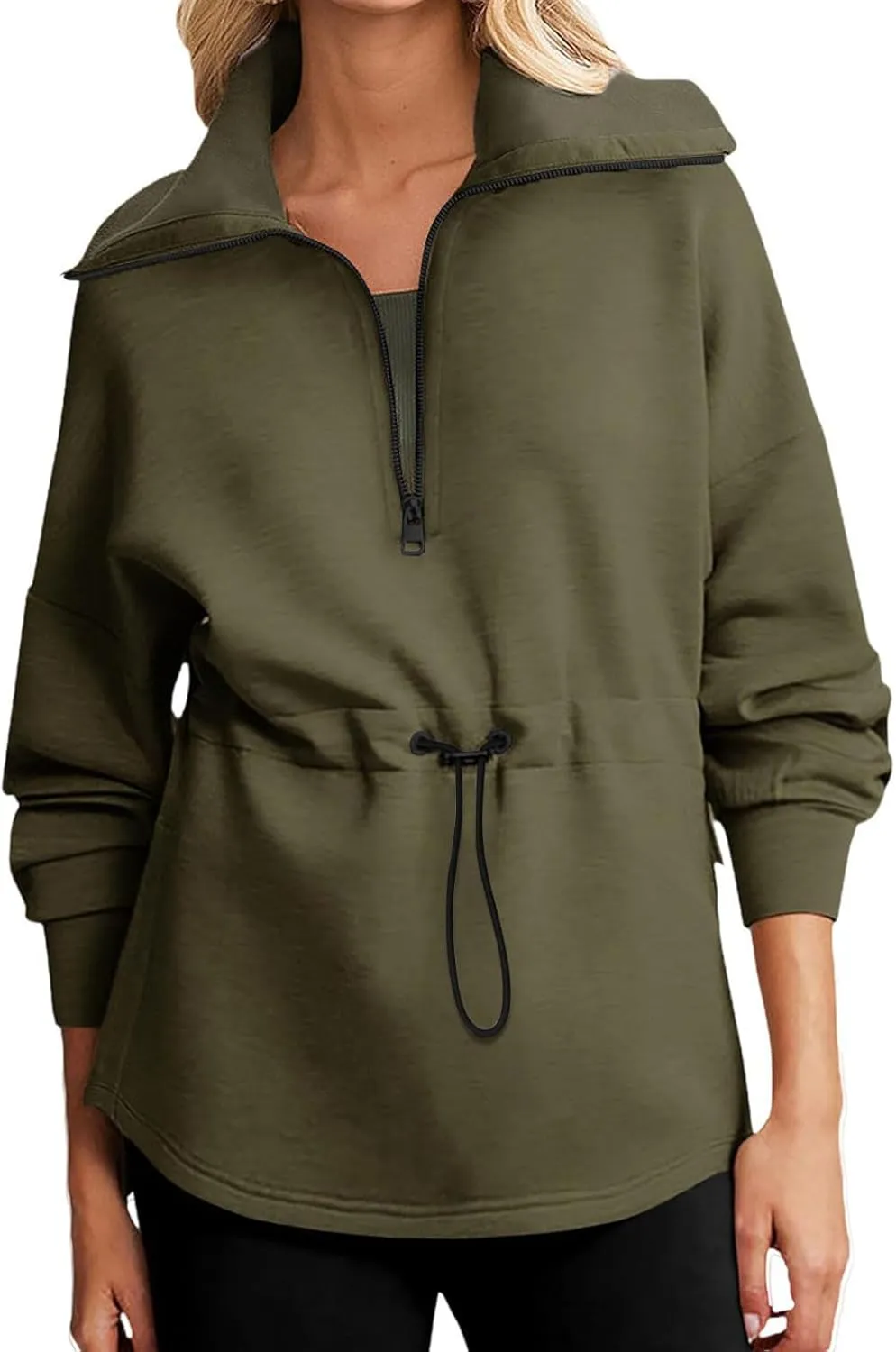 Womens Long Sleeve Tops Half Zip Drawstring Waist Oversized Sweatshirts Fleece Pullover Fashion Outfits 2024
