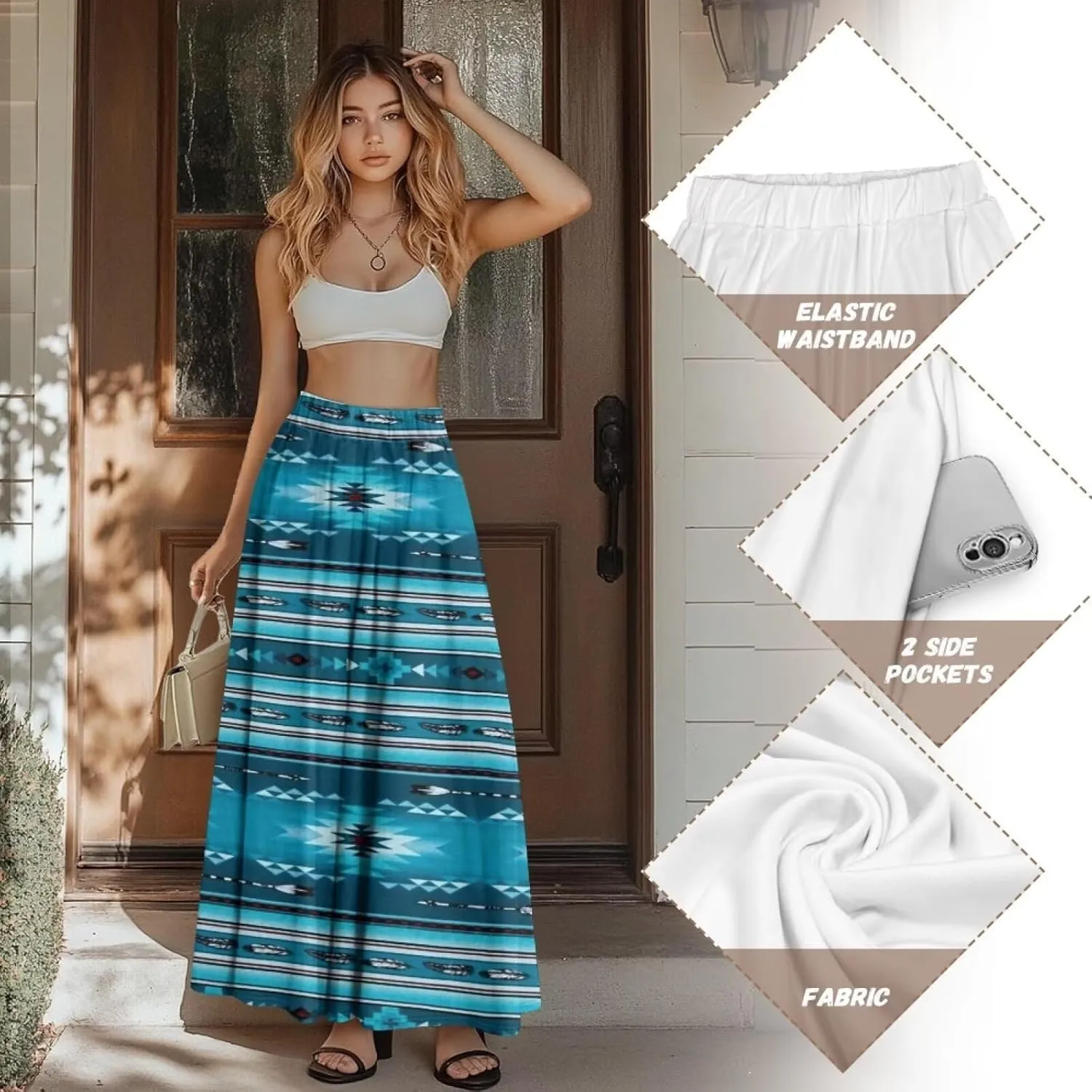 Women's Midi Skirt Elastic Pleated Long Skirts for Women Trendy with Pocket s-2xl