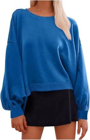Women's Oversized Crop Sweatshirts Crewneck Plain Long Sleeve Workout Pullover Tops Dressy Casual Fall Outfits
