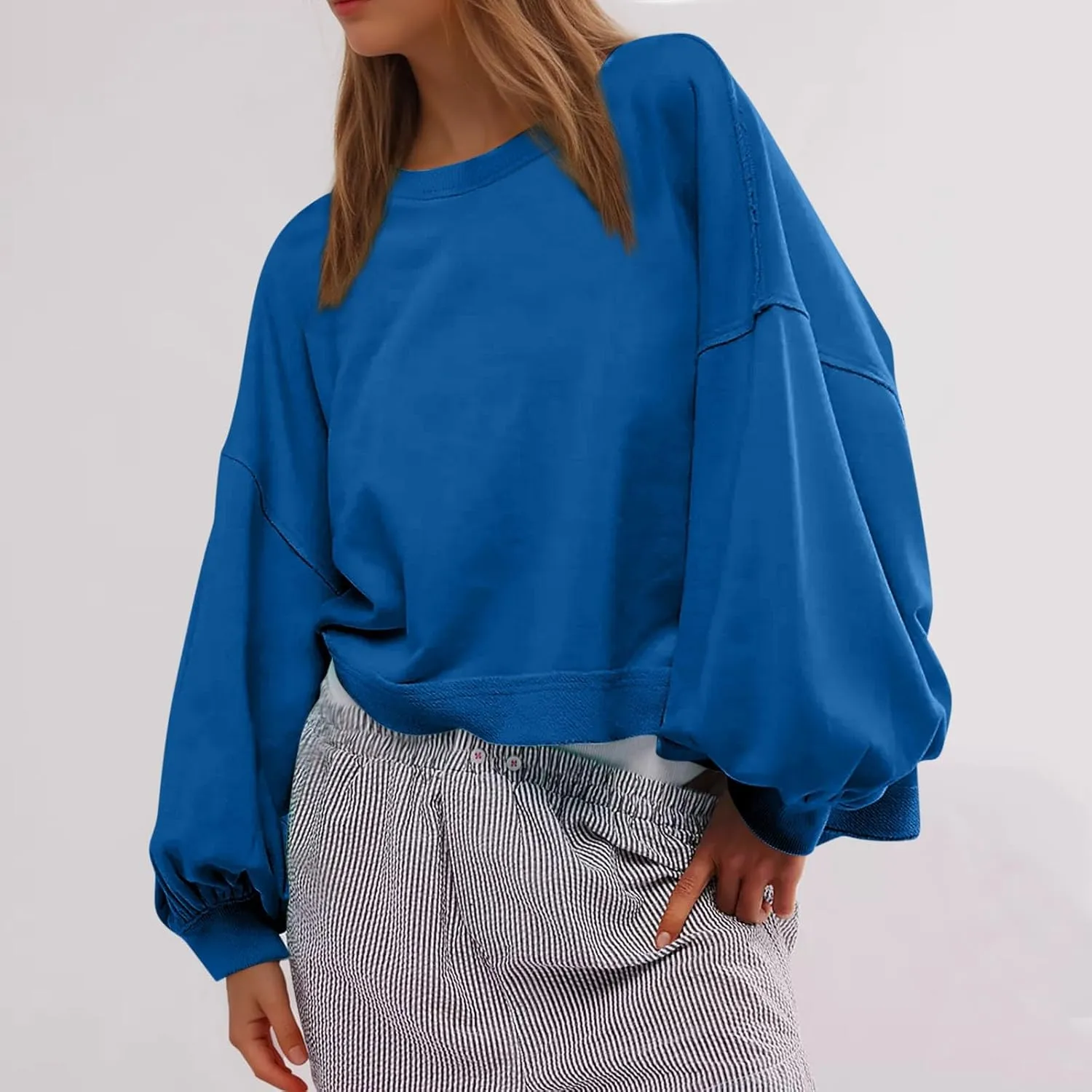 Women's Oversized Crop Sweatshirts Crewneck Plain Long Sleeve Workout Pullover Tops Dressy Casual Fall Outfits
