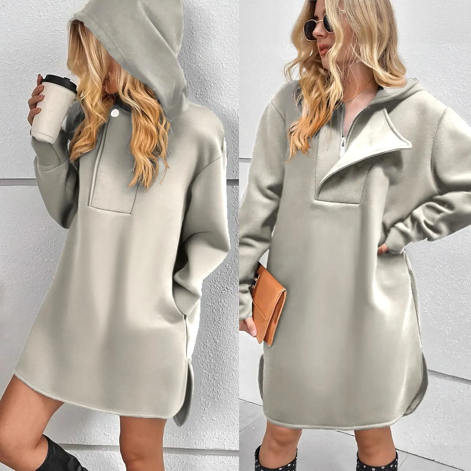 Women's Oversized Hoodies Dress Trendy Pullover Long Sleeve Half Zip Hooded Sweatshirts with Pocket