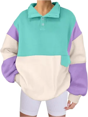 Womens Oversized Hoodies Trendy Color Block Sweatshirts Long Sleeve Button Dwon Loose Fit Pullover Tops Fashion 2024
